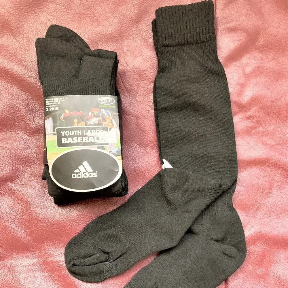 NWT 2 PR Sock Athletic Baseball Adidas,Youth L Knee High Black Women Equiv 9-11